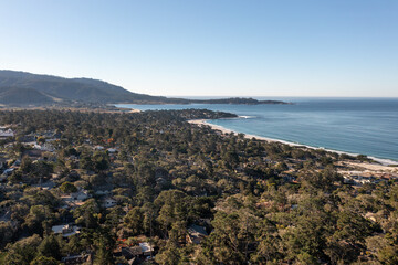 Aerial drone view of beautiful beach in Carmel, California. 