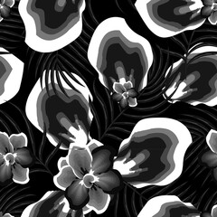 vintage botanical seamless pattern with palm leaves and abstract flowers plants foliage on black background. fashionable prints texture. Floral background. Exotic wallpaper. vocation template. summer 