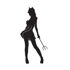 Vector illustration of black silhouette of a devil woman. Isolated white background. 