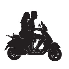Obraz na płótnie Canvas Man and woman riding scooter together isolated vector silhouette.
