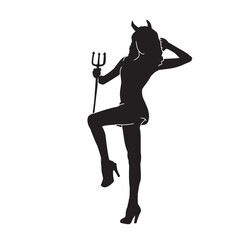 Vector illustration of black silhouette of a devil woman. Isolated white background. 