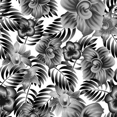 floral seamless pattern with tropical palm leaves and plants foliage on white background. Floral background. vintage monochromatic stylish flowers. interior decorative. Exotic tropics. Summer design