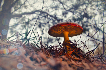 Fliegenpilz - Red Fly Agaric Mushroom in Forests - Amanita Muscaria - Toadstool - Close-Up - Winter...