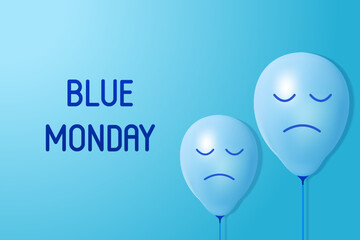 blue monday design background illustration with blue balloons sad expression