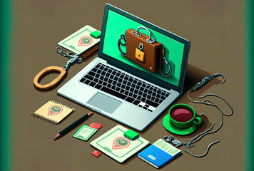 Atop the laptop is a picture of handcuffs and credit cards. Generative AI