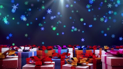 Christmas background with colorful gift boxes and falling snowflakes in a seamless loop on a dark background.  Good for New Year, holidays, Christmas related projects.