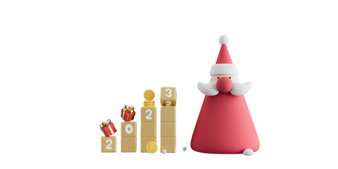 Santa Claus with growing cube turns from 2022 to 2023 .3d illustration. - Chart In Rise.