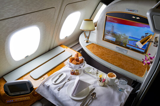 DUBAI, UAE - MARCH 31, 2015: interior of Emirates Airbus A380. Emirates is one of two flag carriers of the United Arab Emirates along with Etihad Airways and is based in Dubai.