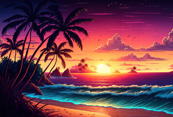 An stunning sunset view over a tranquil ocean is ideal for a wallpaper. Generative AI