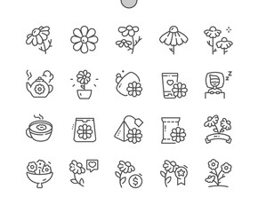 Chamomile flower. Floral and nature. Chamomile tea. Food ingredient. Medicinal plant. Pixel Perfect Vector Thin Line Icons. Simple Minimal Pictogram