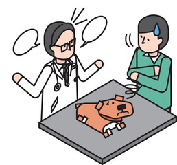 体調不良で動物病院に診察にきた愛犬と飼い主のアイソメイラスト