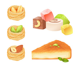 Oriental desserts isolated on white. Sweet nests with nuts, turkish delight and kanafeh