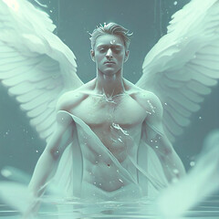 A male angel wearing white robe in a pool created with generative AI technology