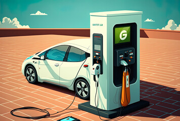 Fototapeta na wymiar An example of an electric vehicle charging in an electric vehicle station. Generative AI