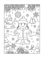 Gingerbread girl or snow maiden in winter scene coloring page, poster, sign or banner black and white activity sheet 
