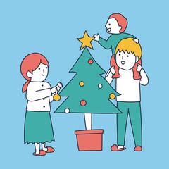 クリスマスツリーの飾りつけをする幸せそうな家族のイラスト素材｜mayucolor09