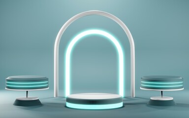 3D render of Podium background in blue tones for displaying cream products. cosmetics