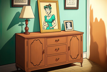 A wooden sideboard with a picture frame over it. Generative AI