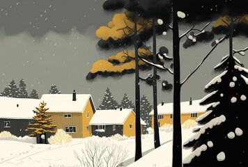 A overcast sky and a yellow home in Larvik, Norway, are surrounded by trees that are blanketed with snow. Generative AI
