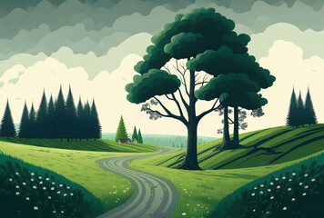 A lovely road winds through tall trees on a green meadow under an overcast sky. Generative AI