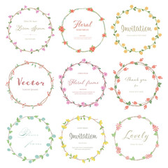 Set of cute flower circle frame. Floral and green leaves flat style. Flowers for decoration concept. Floral vector source for invitation, wedding, greeting card design.