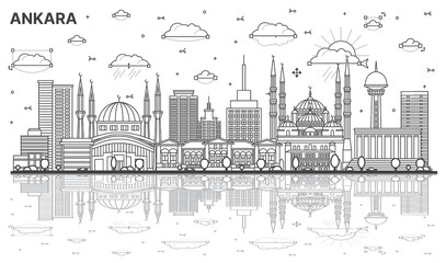 Outline Ankara Turkey City Skyline with Historic Buildings and Reflections Isolated on White.