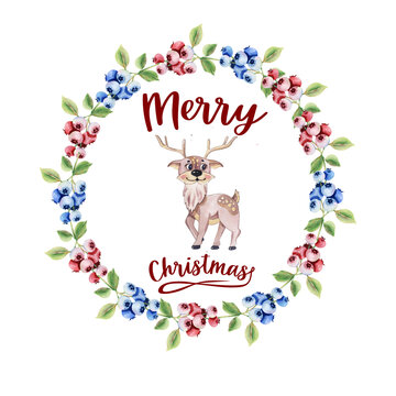 Watercolor cute animal deer, red and blue berries wreath, hand drawn portrait illustration isolated on white background. Beautiful floral arrangement with watercolor cute wolf and wildflowers deer