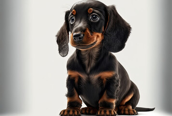 A cute dachshund puppy is posed in isolation on a white backdrop. Generative AI