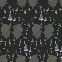 Mandrake and mushrooms seamless pattern. Mandragora vector illustration.