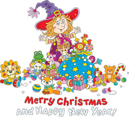 Happy New Year and merry Christmas card with a smiling little witch and a bag of holiday gifts, sweets and funny toys, vector cartoon illustration isolated on a white background