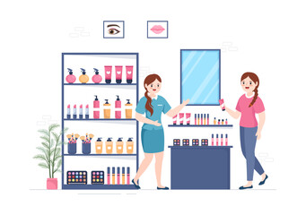 Cosmetics Store with Girl Skincare, Cosmetic, Perfume, Makeup and Beauty Products Choice in in Flat Cartoon Hand Drawn Templates Illustration
