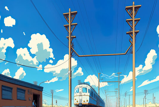 A clear blue sky and an overhead line in a vertical image next to an electric train's track. Generative AI