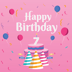 Birthday cake with candles. Bday of the baby 7th year. Anniversary of the child. Festive greeting card. birthday cake with cream on a pink background. Happy birthday