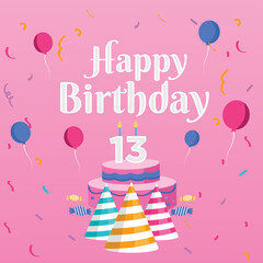Birthday cake with candles. Bday of the baby 13th year. Anniversary of the child. Festive greeting card. birthday cake with cream on a pink background. Happy birthday