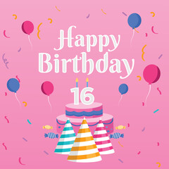 Birthday cake with candles. Bday of the baby 16th year. Anniversary of the child. Festive greeting card. birthday cake with cream on a pink background. Happy birthday