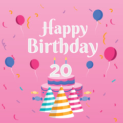 Birthday cake with candles. Bday of the baby 20th year. Anniversary of the child. Festive greeting card. birthday cake with cream on a pink background. Happy birthday