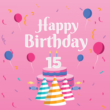 Birthday cake with candles. Bday of the baby 15th year. Anniversary of the child. Festive greeting card. birthday cake with cream on a pink background. Happy birthday