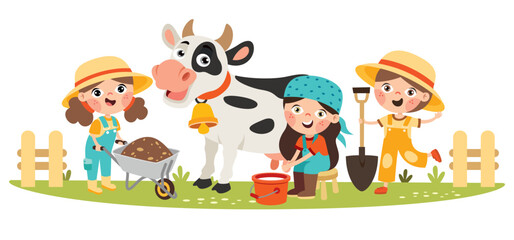 Obraz na płótnie Canvas Farm Scene With Cartoon Kids