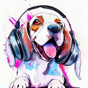 Happy smiling beagle puppy with headphones, colorful fine art, Ai generated illustration. generative art