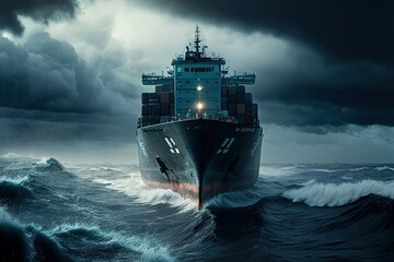 Cargo ship in the open sea, stormy weather and braking waves. Ai generated illustration. Generative art