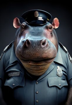 Hippopotamus policeman. Creative photorealistic illustration generated by Ai. Generative ai