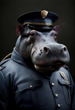Hippopotamus policeman. Creative photorealistic illustration generated by Ai. Generative art