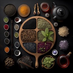 tea making ingredients, knolling photography, ingrediends for food, lot of spices with dark background