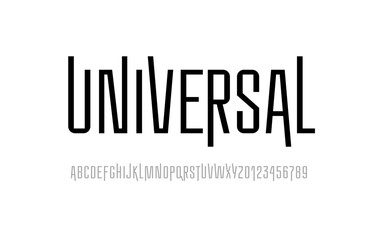 Condensed font, narrow alphabet, modern letters and numbers, vector illustration 10EPS