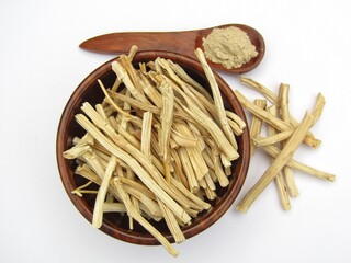 Asparagus racemosus or shatavari roots in a bowl 