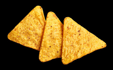 Mexican nachos chips, isolated on black background