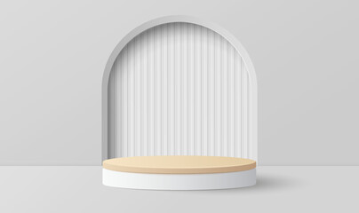 Paper cut of minimal scene with wood cylinder podium on grey background. Product presentation, mock up, show cosmetic. Vector illustration