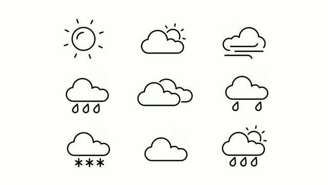 Weather pictograms animation. Forecast footage. Weather symbols collection. Isolated on white background. Sun with clouds. Rain and snow sign. Lighting storm sign. sun with wind sign.