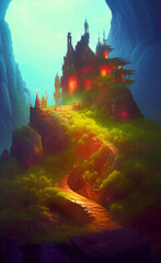 fantasy landscape, castle on the mountain of an alien planet, generative ai illustration (these depiction is fictitious and generated)