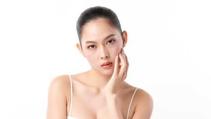 Beautiful young asian woman with clean fresh skin on white background, Face care, Facial treatment, Cosmetology, beauty and spa, Asian women portrait.